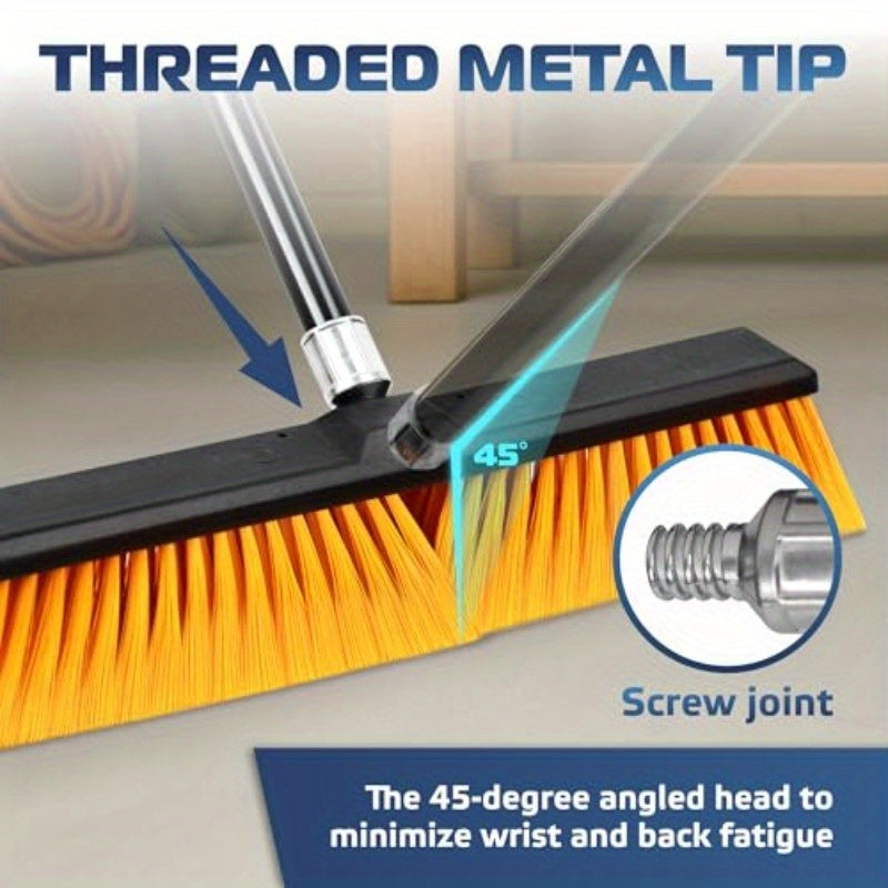 18" Heavy Duty Industrial Push Broom with 59.4" Extendable Steel Handle & 6-Row Stiff Orange Bristles - Durable Plastic Head for Concrete, Wood, Stone, Tile Floors - Indoor/Outdoor Commercial