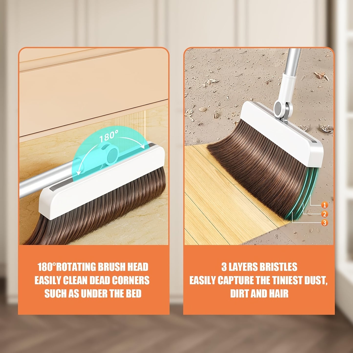 180° Rotating Broom with Adjustable Handle - 47.2 Inch Total Length, 120cm Stick Length, Ideal for Hard Floors in Living Room & Bedroom, Easy Ceiling Cleaning, White & Brown Bristles
